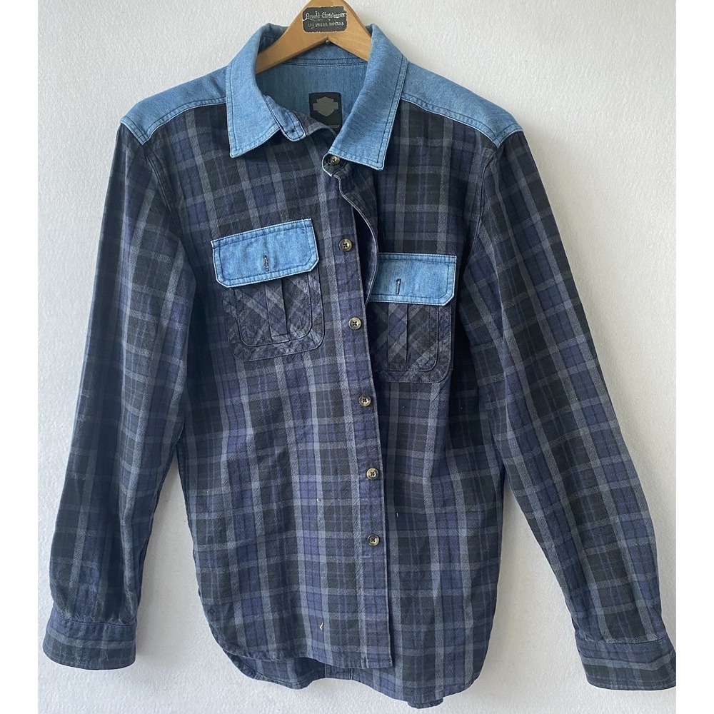 Harley Davidson Blue Denim Plaid Button Up Mens Medium City Casual Nerdy